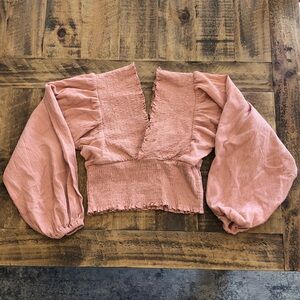 ASOS Design Mauve Pink Smocked V-Neck Balloon Sleeve Crop Top Cotton & Linen